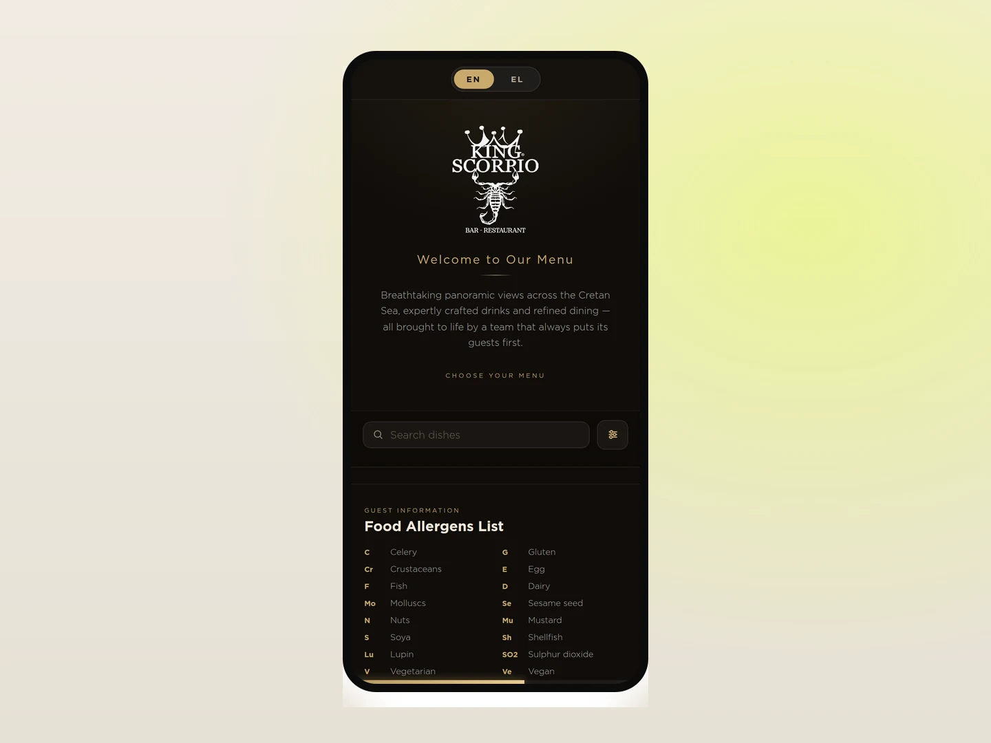 King Scorpio QR Menu — mobile