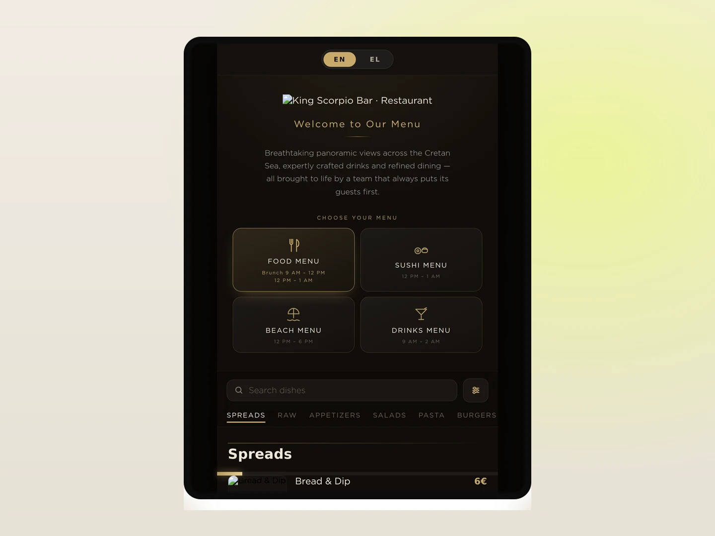King Scorpio QR Menu — tablet