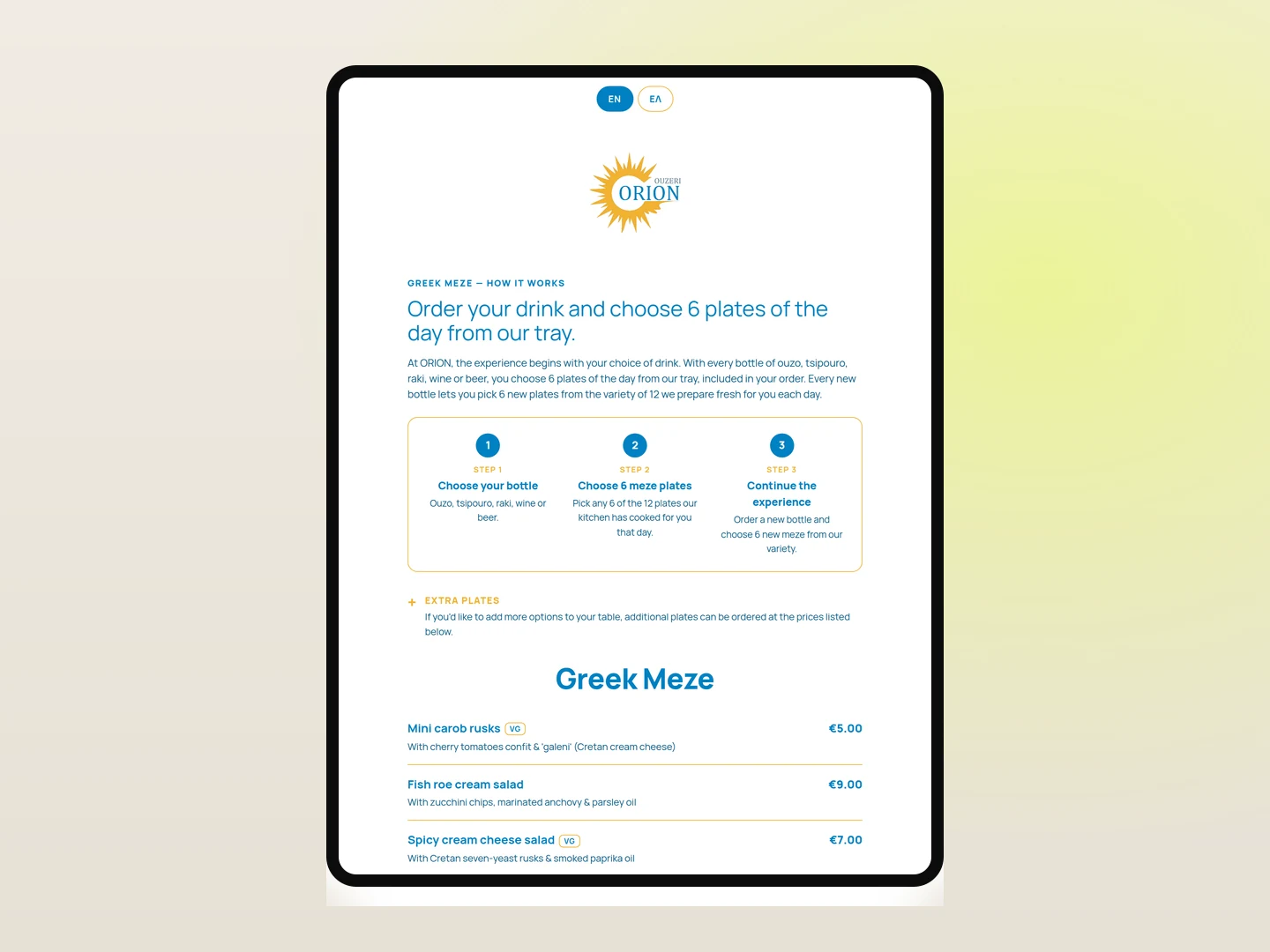 Orion Ouzeri Menu — tablet